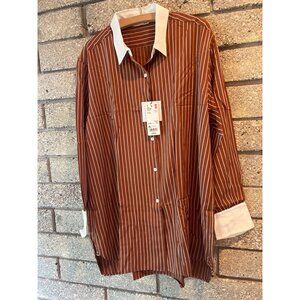 Womens Rayon Striped Long Sleeve Shirt By Uniqlo XL Brown With White Collar And